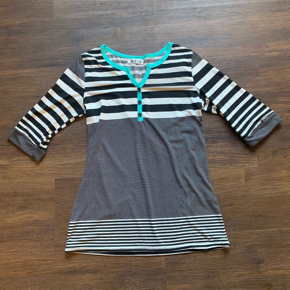 Amia Striped Half Sleeve Henley Tee with Teal Accents